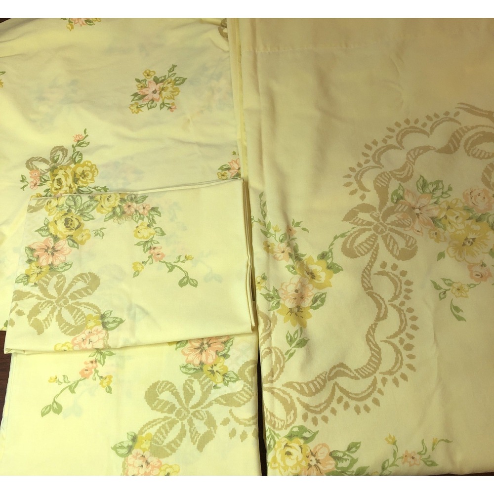 VTG JC Penney Percale Twin Bed Sheet Set Bright Yellow Floral READ DESC 80s